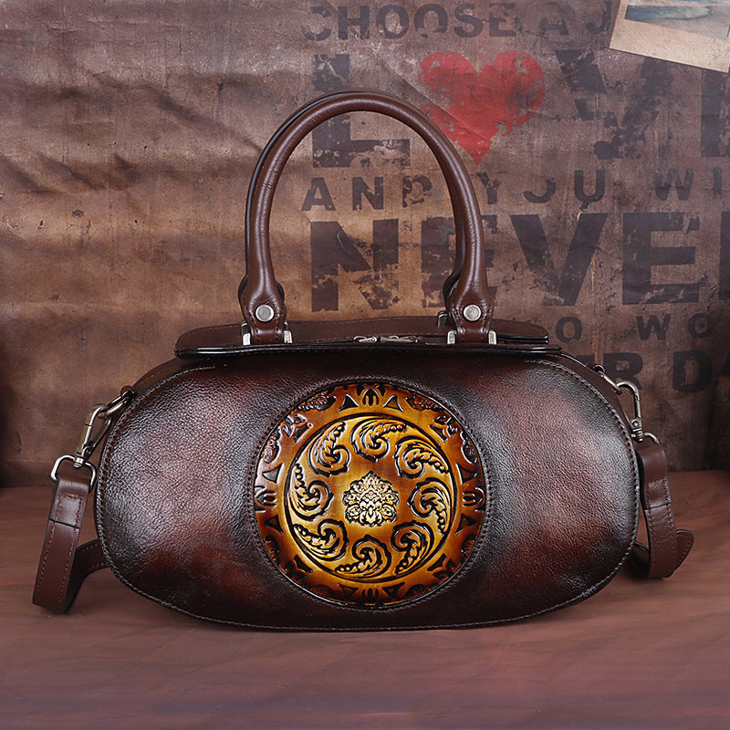 Women's Vintage Leather Embossed Vegetable Tanned Hand-rub Crossbody Bags