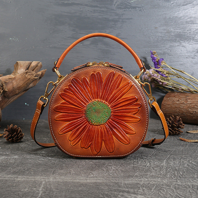 Women's Niche Genuine Leather Retro National Style Round Shoulder Bags