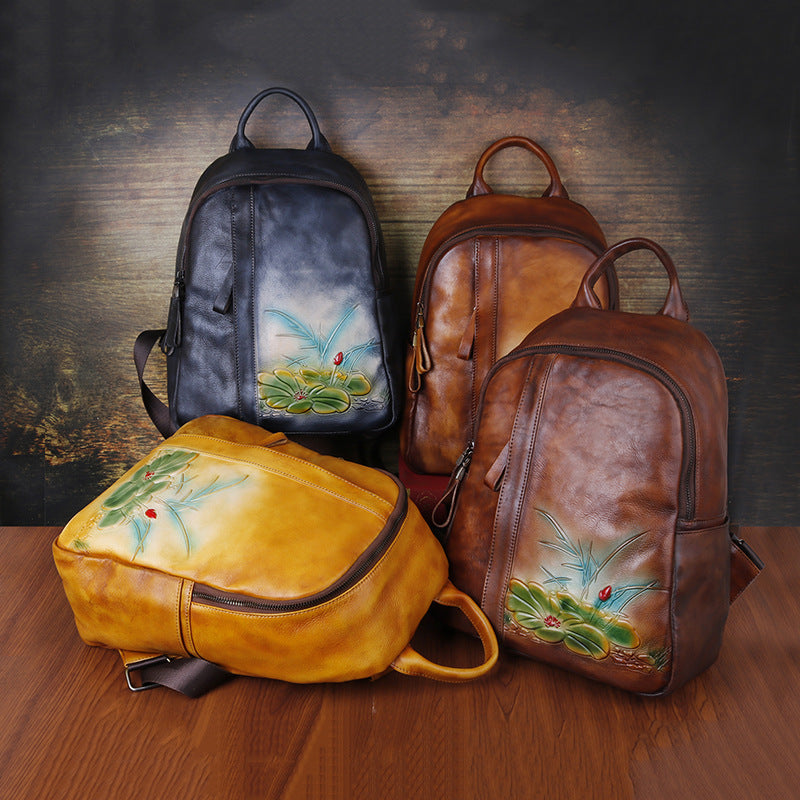 Women's Live Retro Leather Embossing Hand-rub Color Backpacks