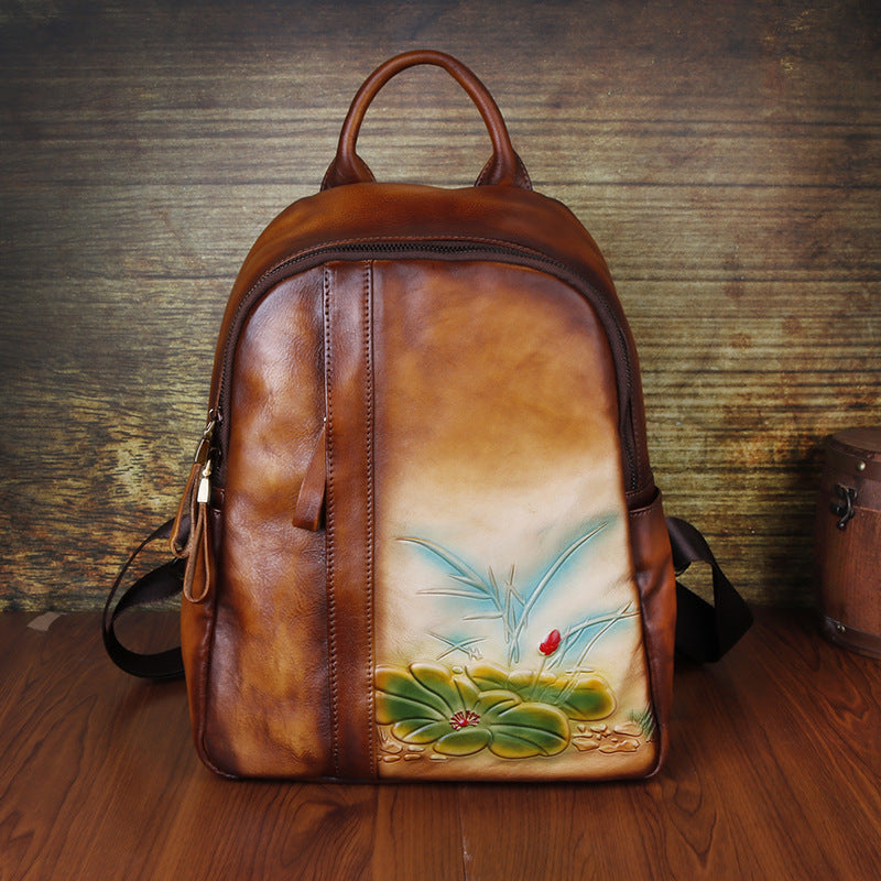 Women's Live Retro Leather Embossing Hand-rub Color Backpacks