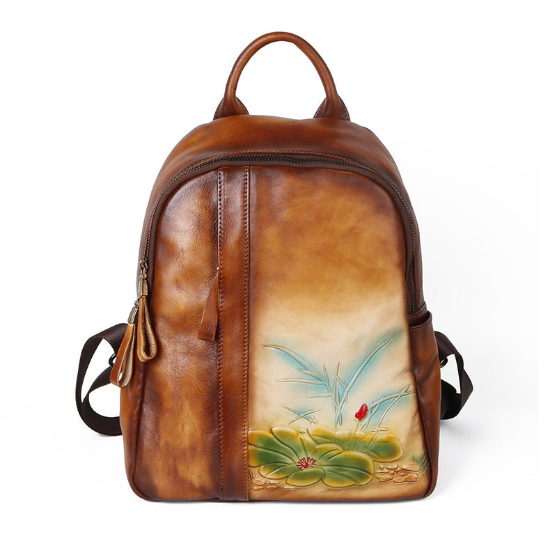 Women's Live Retro Leather Embossing Hand-rub Color Backpacks
