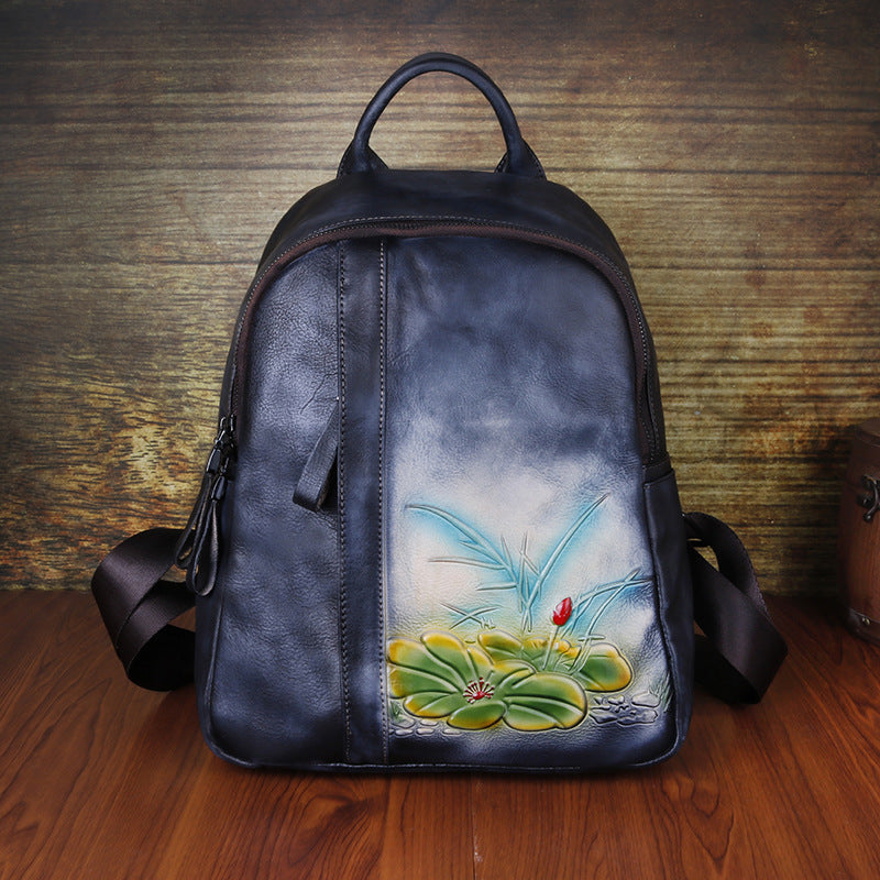 Women's Live Retro Leather Embossing Hand-rub Color Backpacks