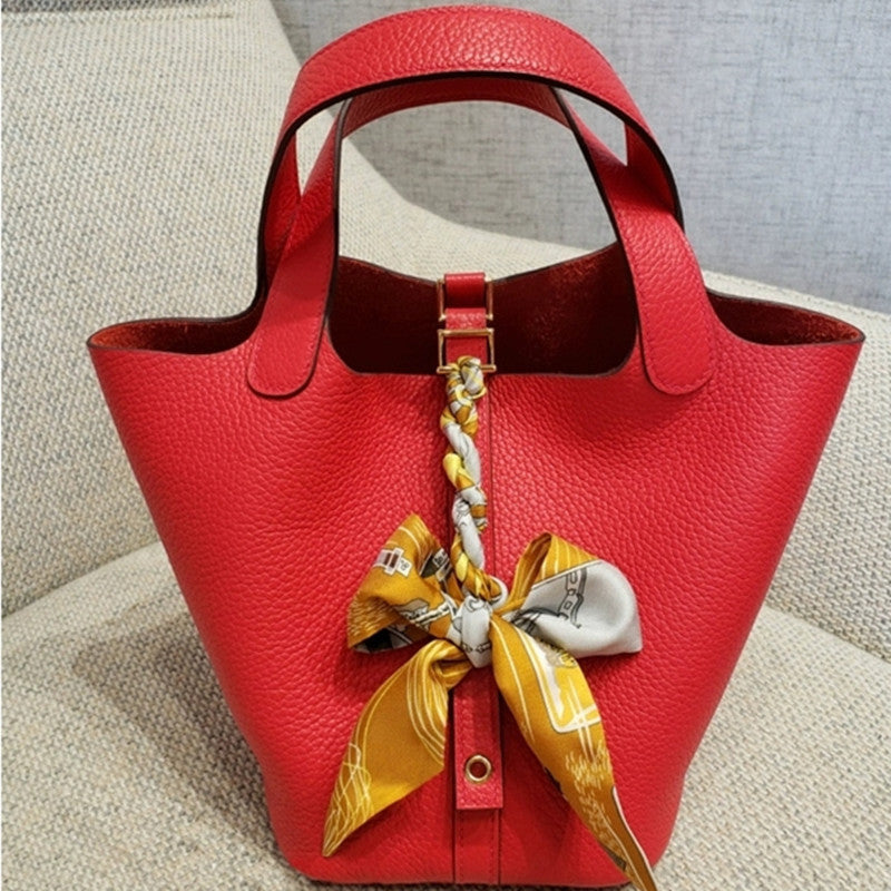 Litchi Grain Cowhide Vegetable Basket Fashion One Handbags