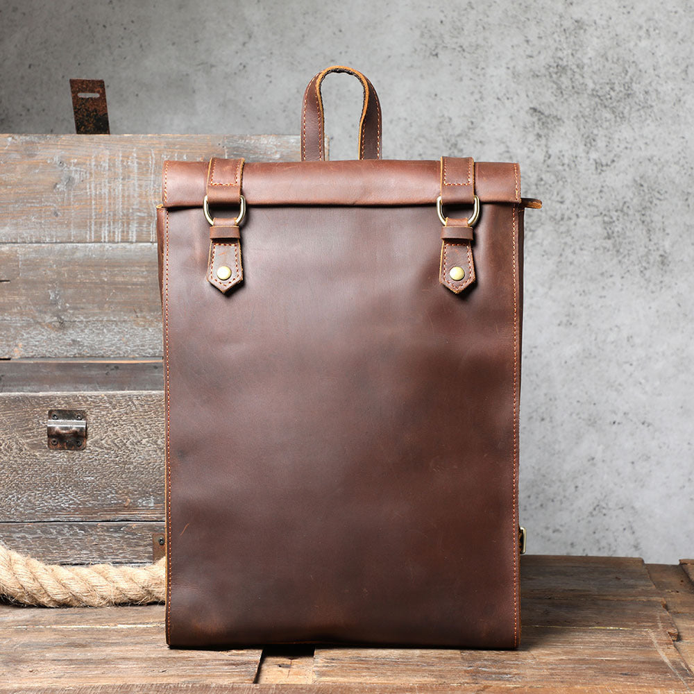 Men's Minimalist Crazy Horse Leather Personality Cowhide Backpacks