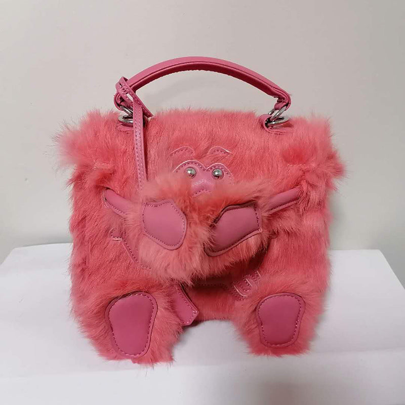 Women's Monster Eyes Smiley Face Eyebrow Real Rabbit Fur Handbags