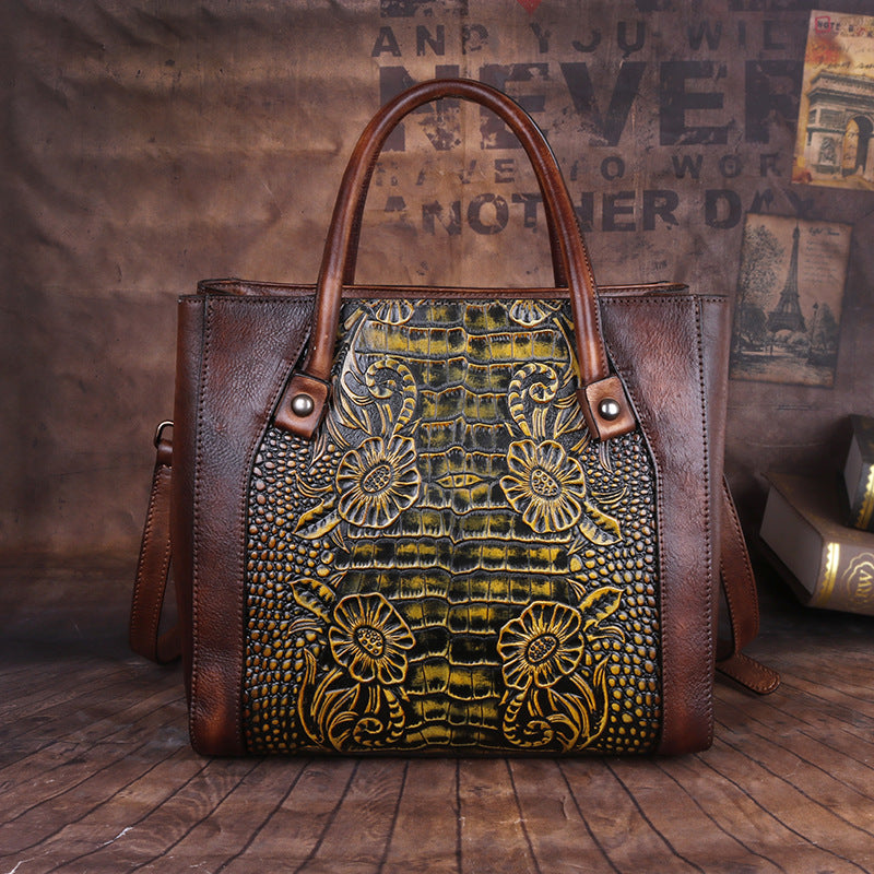 Women's Genuine Leather Vintage Fashion Embossing Pattern Crossbody Bags