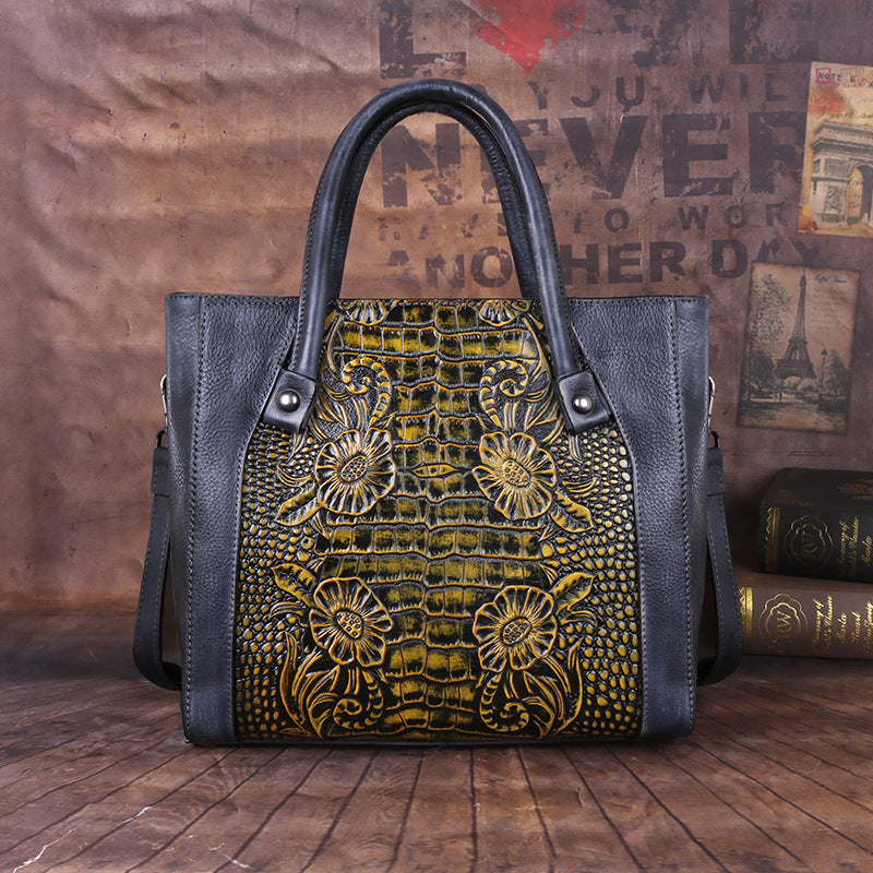 Women's Genuine Leather Vintage Fashion Embossing Pattern Crossbody Bags