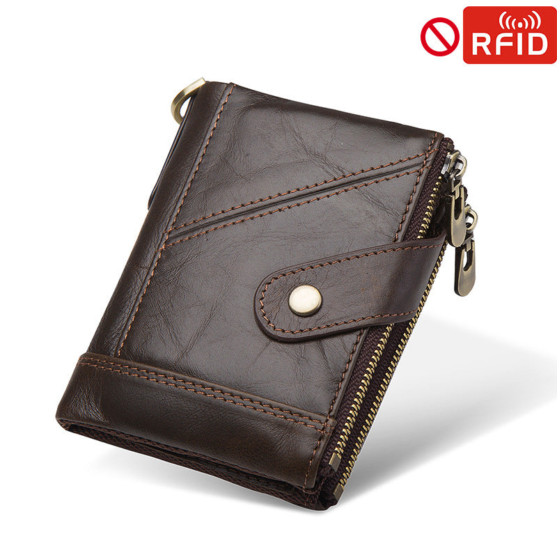 Men's Double Zipper Cowhide Swiping Genuine Leather Men's Wallets