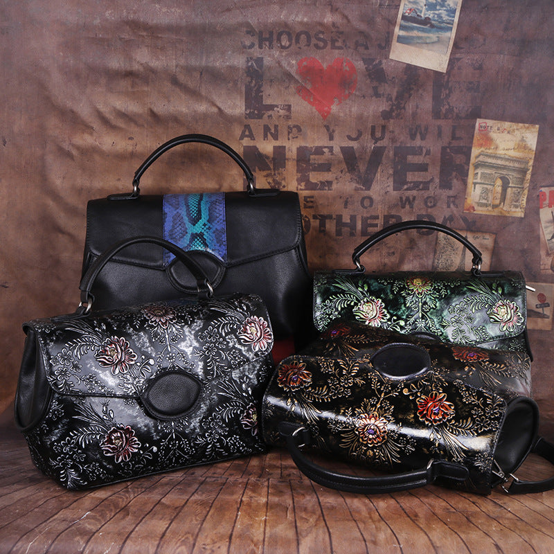 Women's Goods Retro Embossing Vegetable Tanned Leather Crossbody Bags