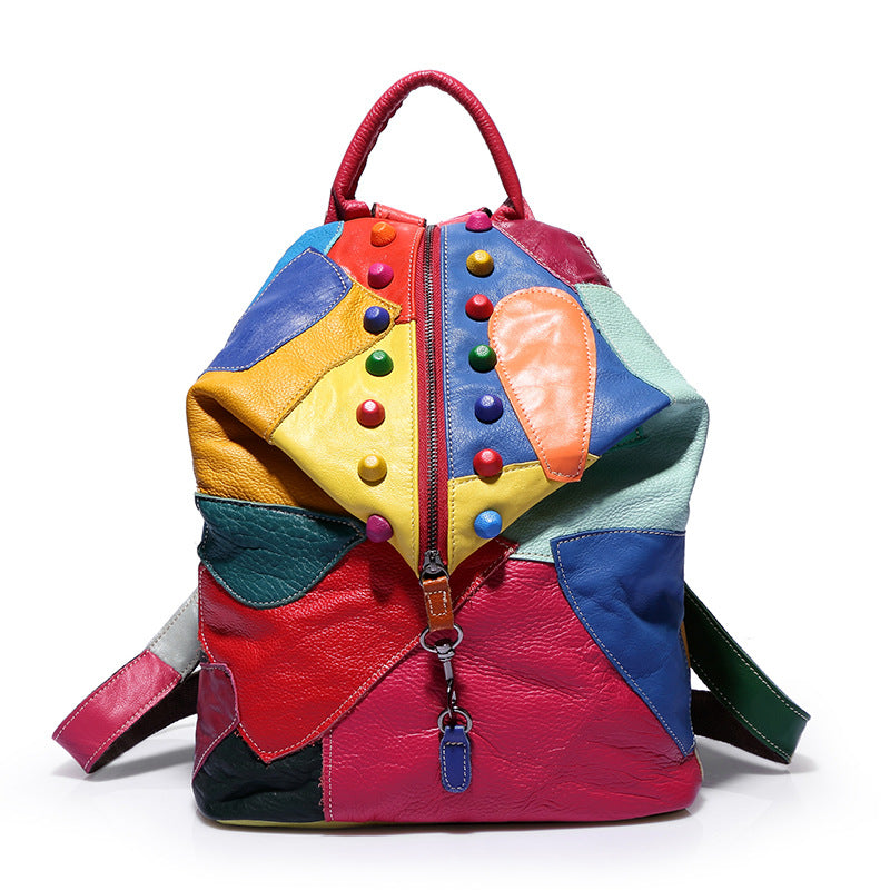 Women's Layer Cowhide Stitching Punk Colorful Free Bags