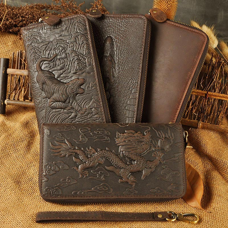 Men's Crazy Horse Skin Cowhide Long Tiger Dragon Crocodile Men's Wallets