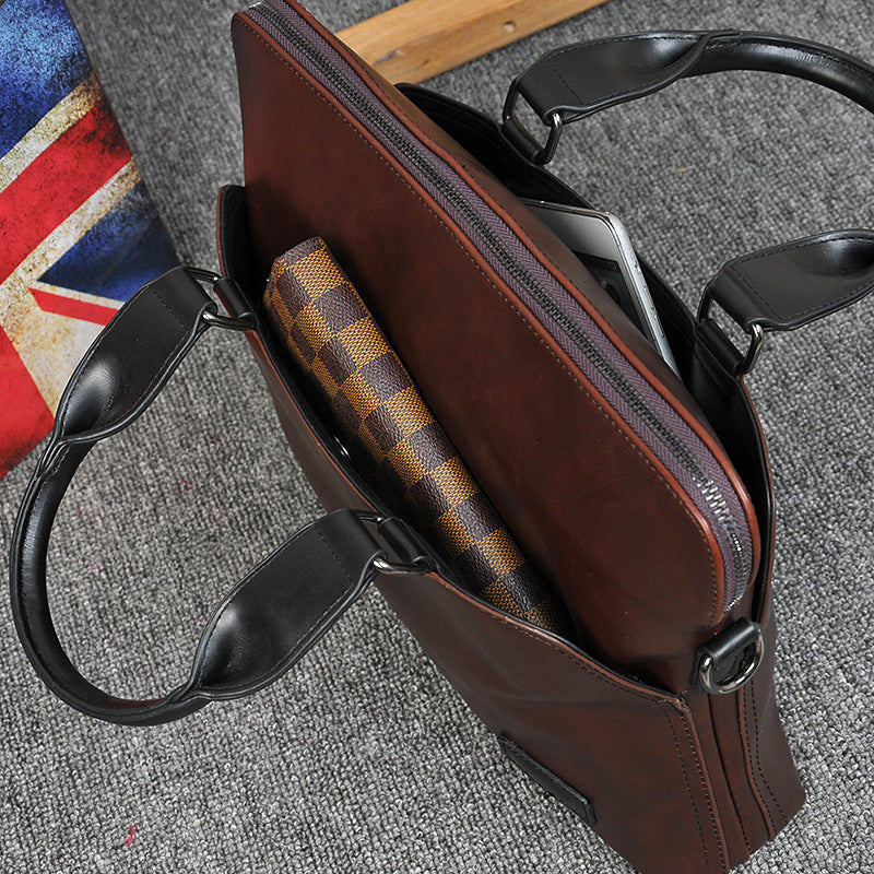 Men's Korean Portable Trendy Computer Crazy Horse Shoulder Bags