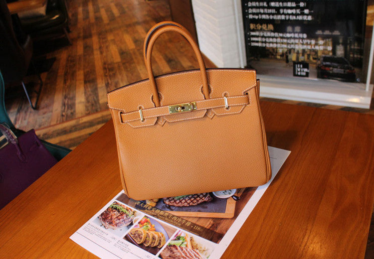 Women's Khaki Cowhide Genuine Leather Litchi Pattern Handbags