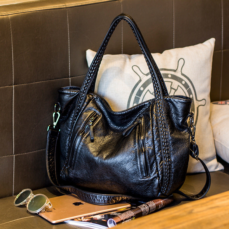 Women's Korean Style Trendy Washed Leather Weaving Handbags