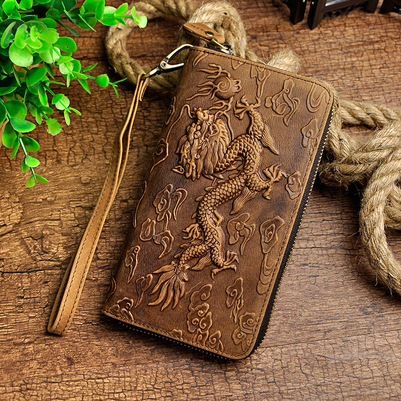 Men's Crazy Horse Skin Cowhide Long Tiger Dragon Crocodile Men's Wallets