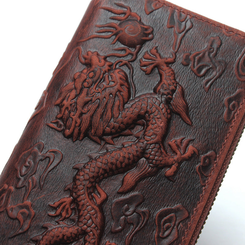 Retro Crazy Horse Leather Dragon Pattern Embossed Men's Wallets
