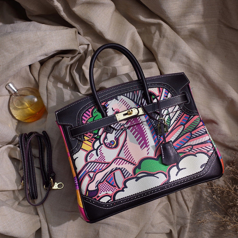 Women's Spoof Cartoon Iti Genuine Leather Contrast Shoulder Bags