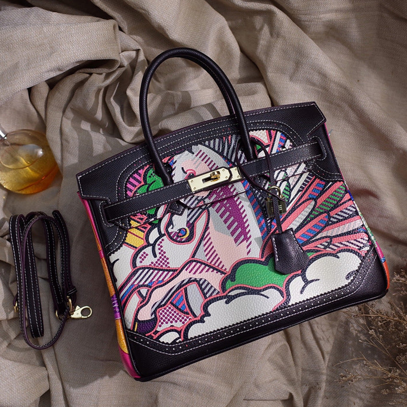 Women's Spoof Cartoon Iti Genuine Leather Contrast Shoulder Bags