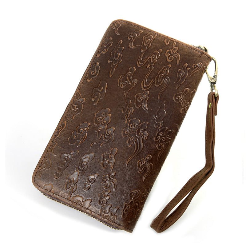 Men's Top Layer Cowhide Long Dragon Tiger Pattern Handmade Retro Ladies Wallets