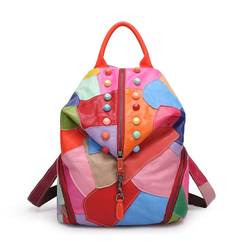 Women's Stylish Fashion Leather Cowhide Stitching Backpacks