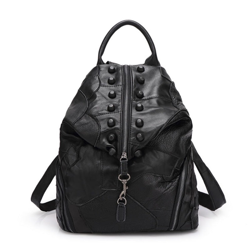Women's Stylish Fashion Leather Cowhide Stitching Backpacks
