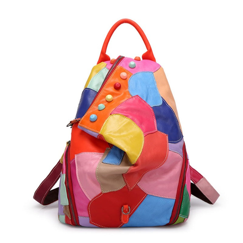 Women's Stylish Fashion Leather Cowhide Stitching Backpacks