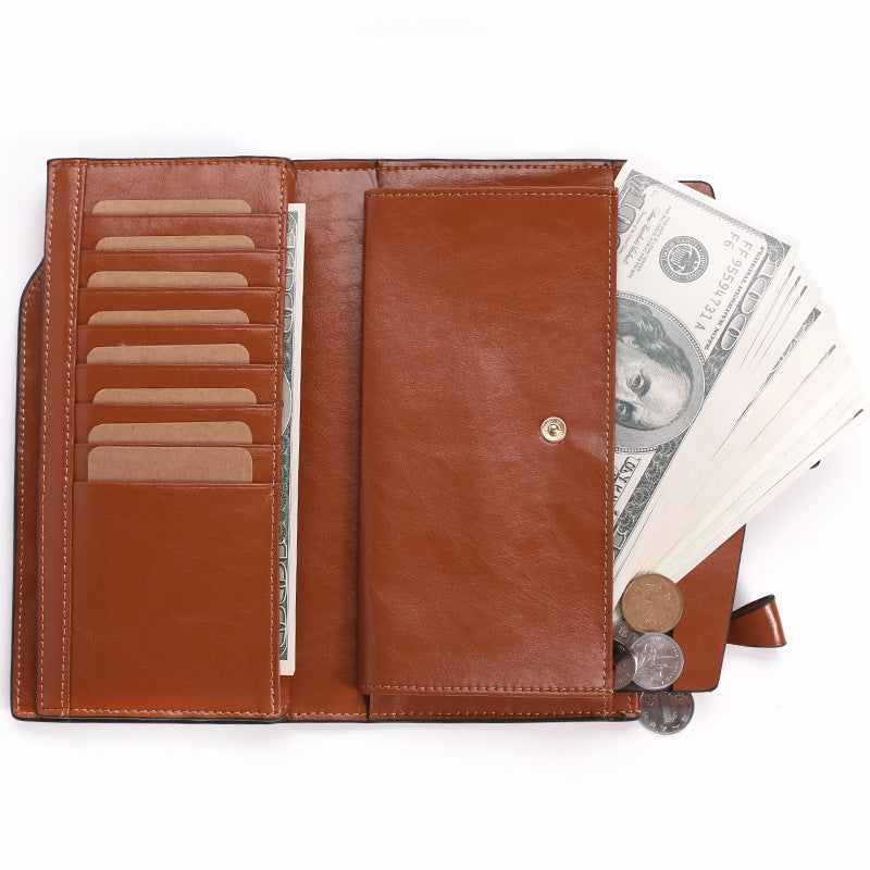 Women's Leather Retro Oil Long Multiple Slots Ladies Wallets