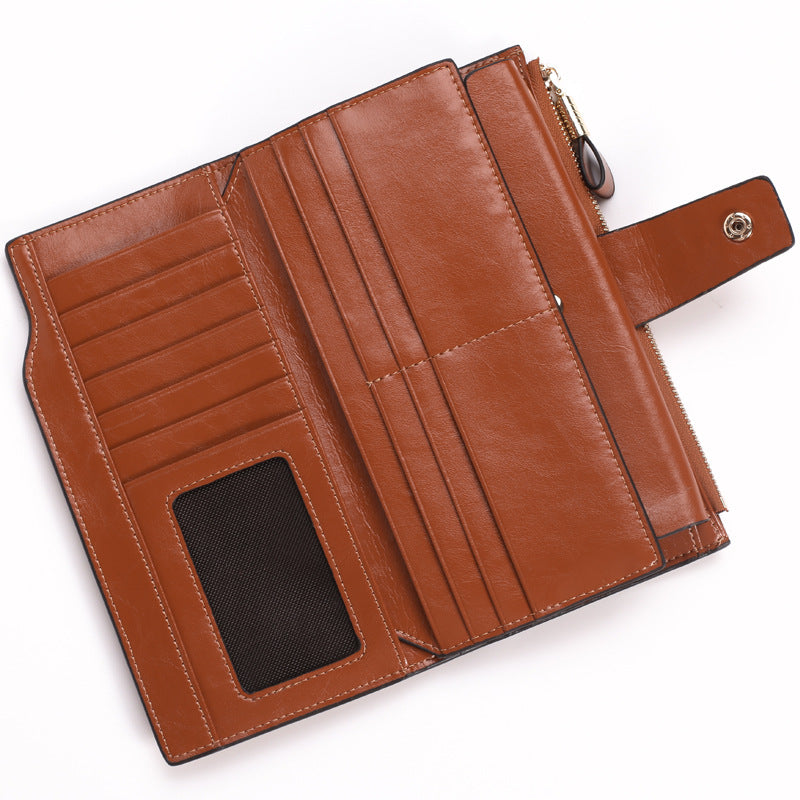 Women's Leather Retro Oil Long Multiple Slots Ladies Wallets