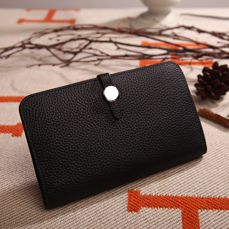 Top Layer Cowhide Lychee Pattern Korean Style Long Genuine Ladies Wallets