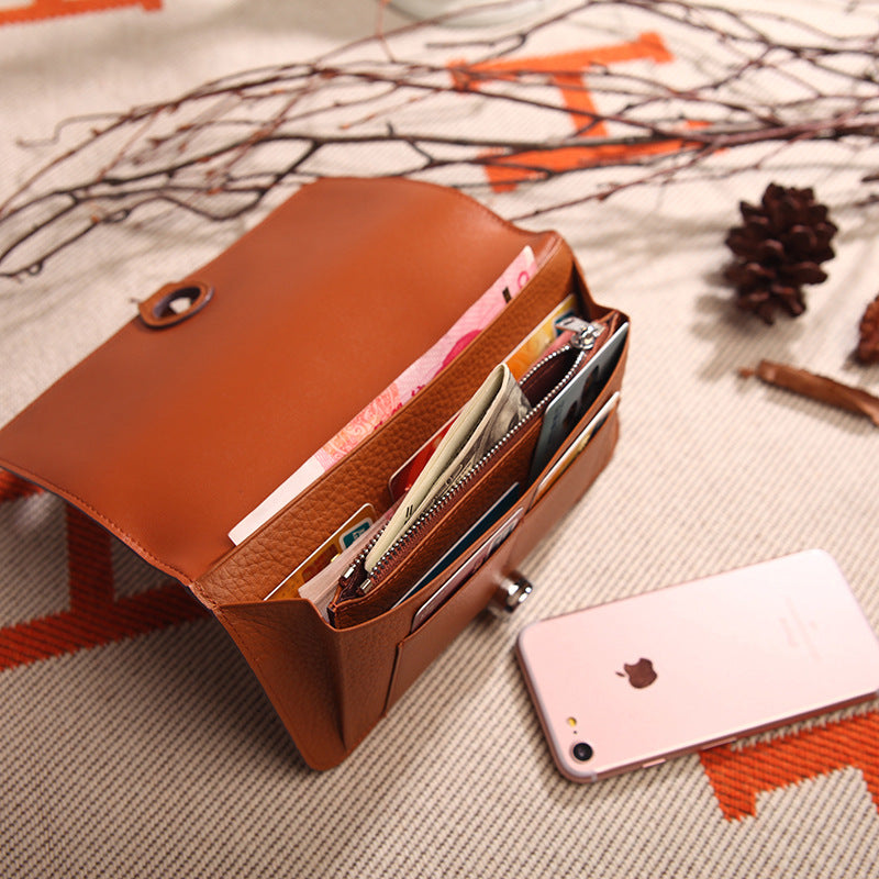 Top Layer Cowhide Lychee Pattern Korean Style Long Genuine Ladies Wallets