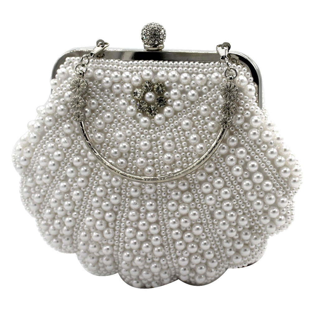 Women's Large Shell Pearl Handmade String Embroidered Diamond Evening Bags