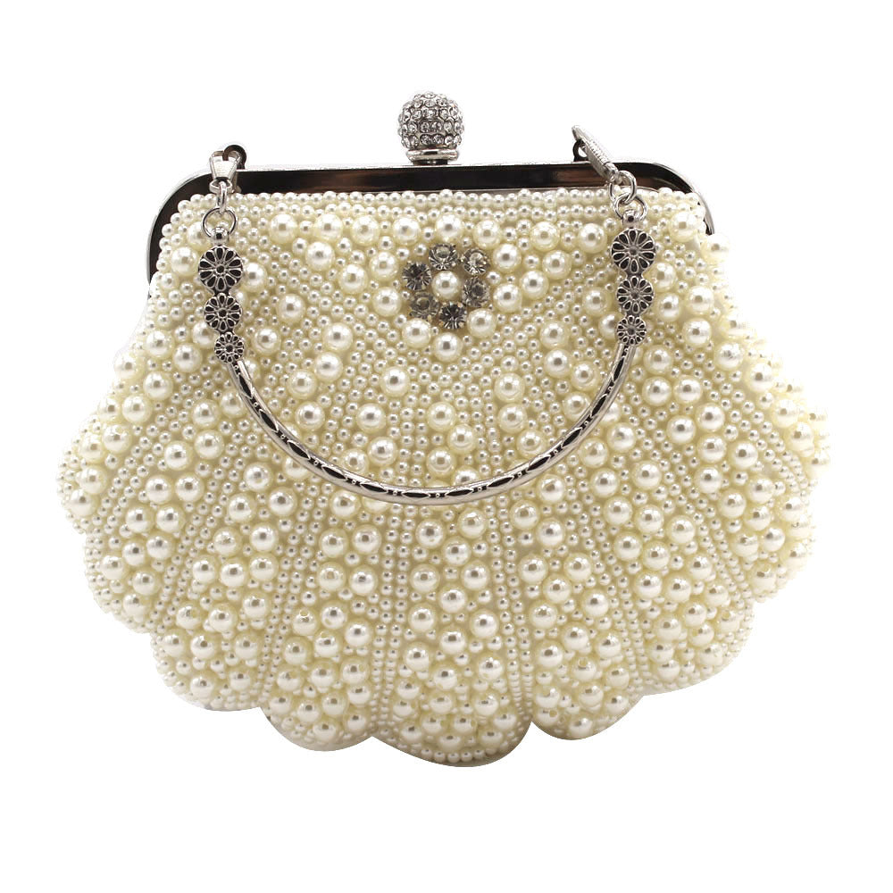 Women's Large Shell Pearl Handmade String Embroidered Diamond Evening Bags