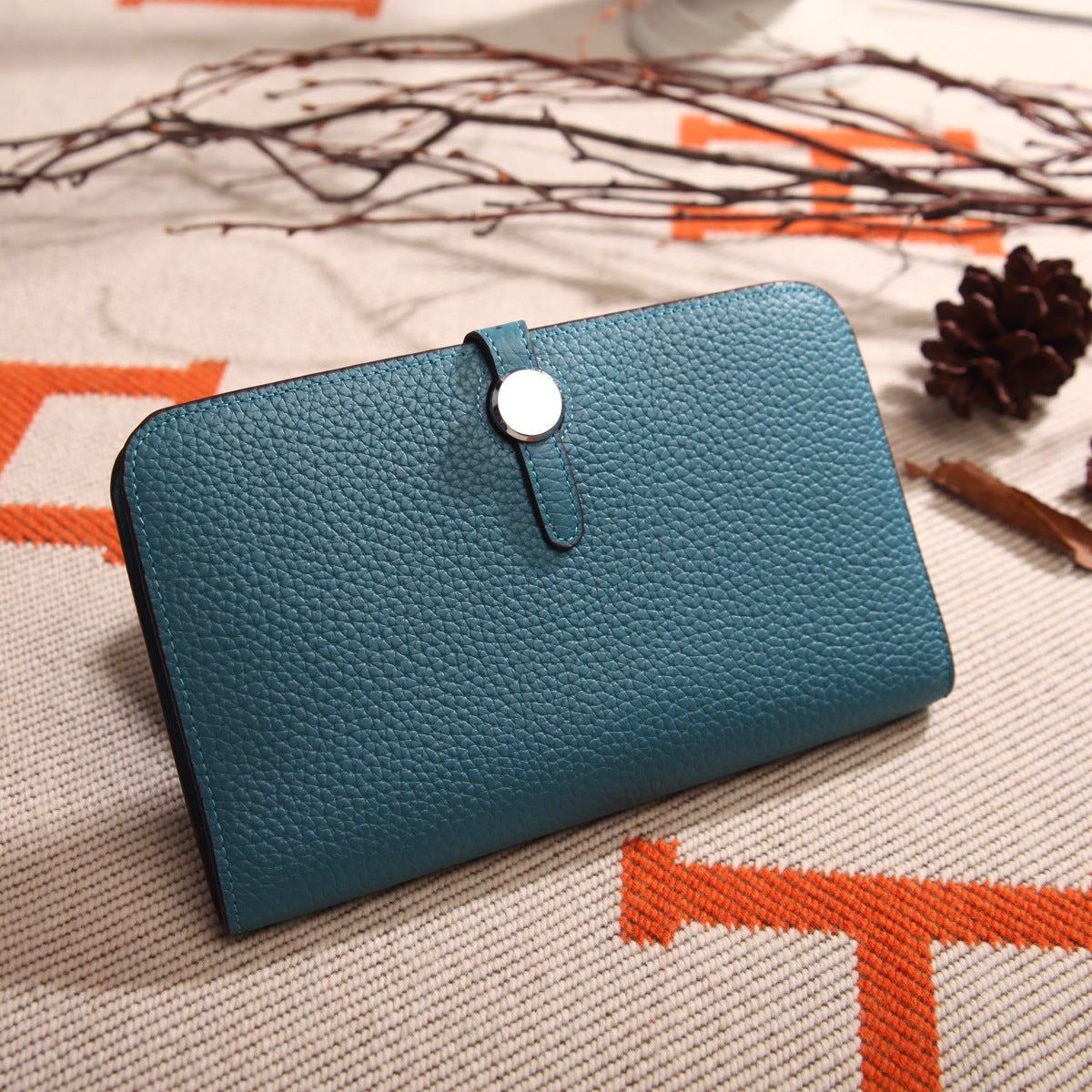 Top Layer Cowhide Lychee Pattern Korean Style Long Genuine Ladies Wallets