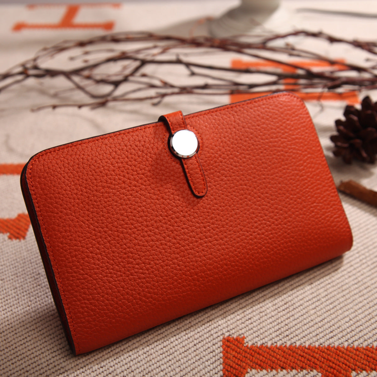 Top Layer Cowhide Lychee Pattern Korean Style Long Genuine Ladies Wallets
