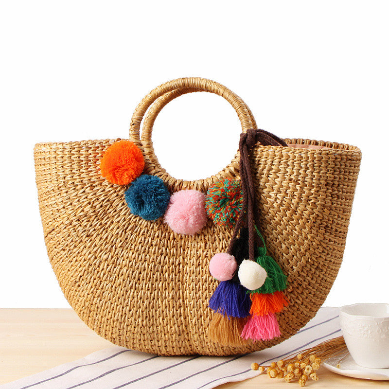 Women's Yellow Grass Woven Colorful Tassel Woolen Handbags