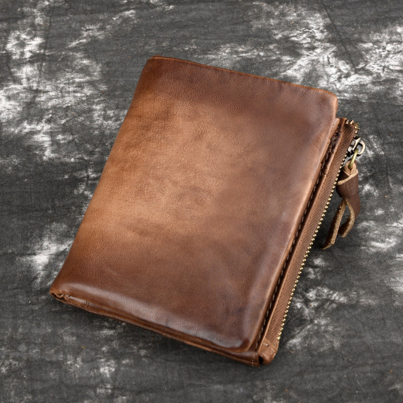 Men's Cowhide Vintage Double Zipper Genuine Leather Retro Men's Wallets
