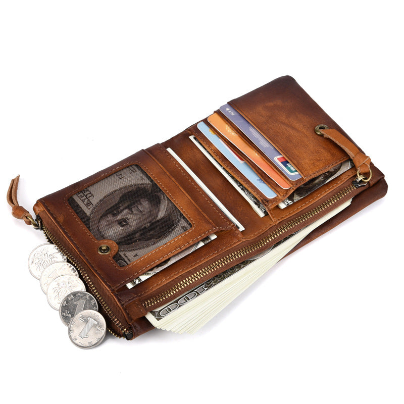 Men's Cowhide Vintage Double Zipper Genuine Leather Retro Men's Wallets