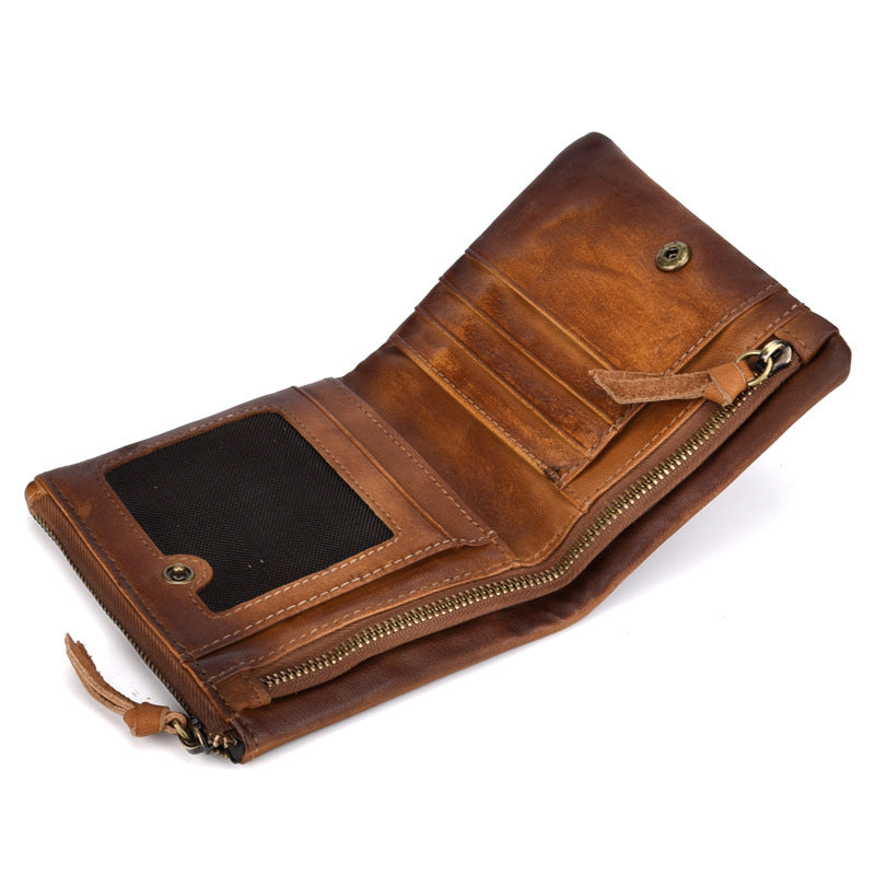 Men's Cowhide Vintage Double Zipper Genuine Leather Retro Men's Wallets