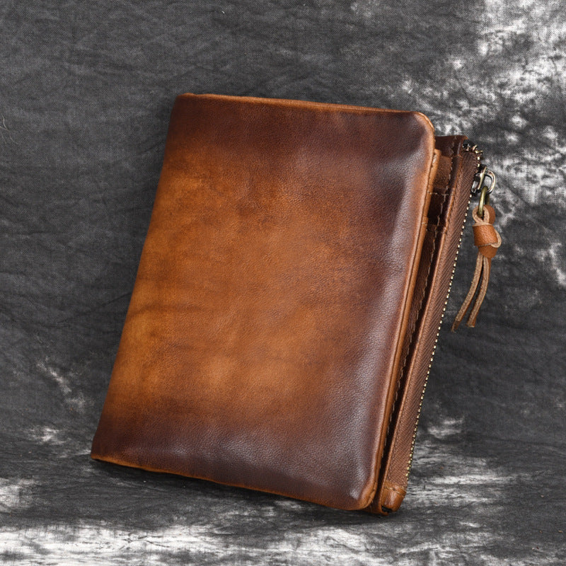 Men's Cowhide Vintage Double Zipper Genuine Leather Retro Men's Wallets