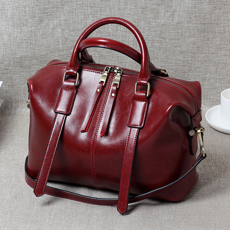 Women's Portable Oil Wax Cow Leather Boston Handbags