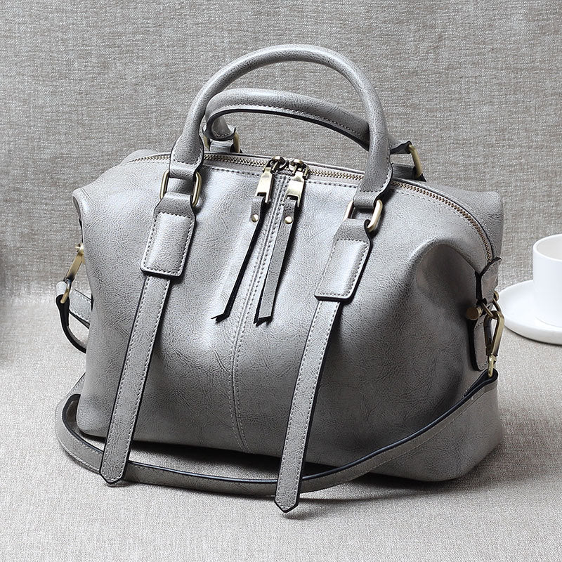 Women's Portable Oil Wax Cow Leather Boston Handbags