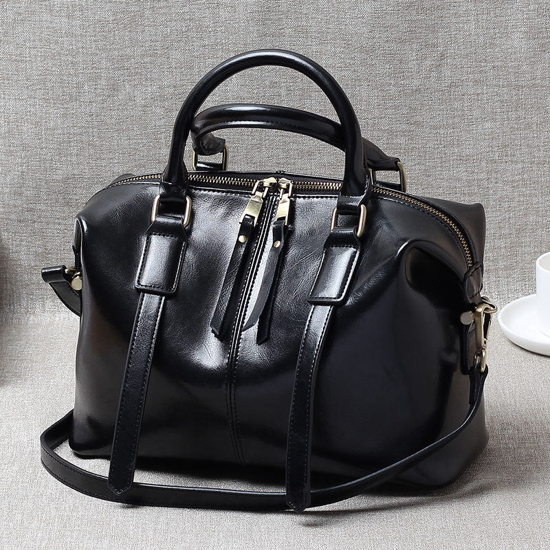 Women's Portable Oil Wax Cow Leather Boston Handbags