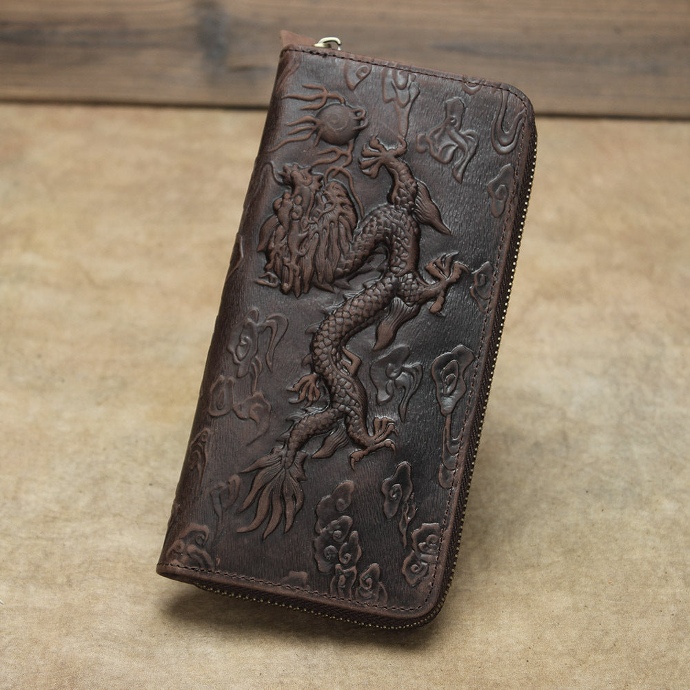 Retro Crazy Horse Leather Dragon Pattern Embossed Men's Wallets