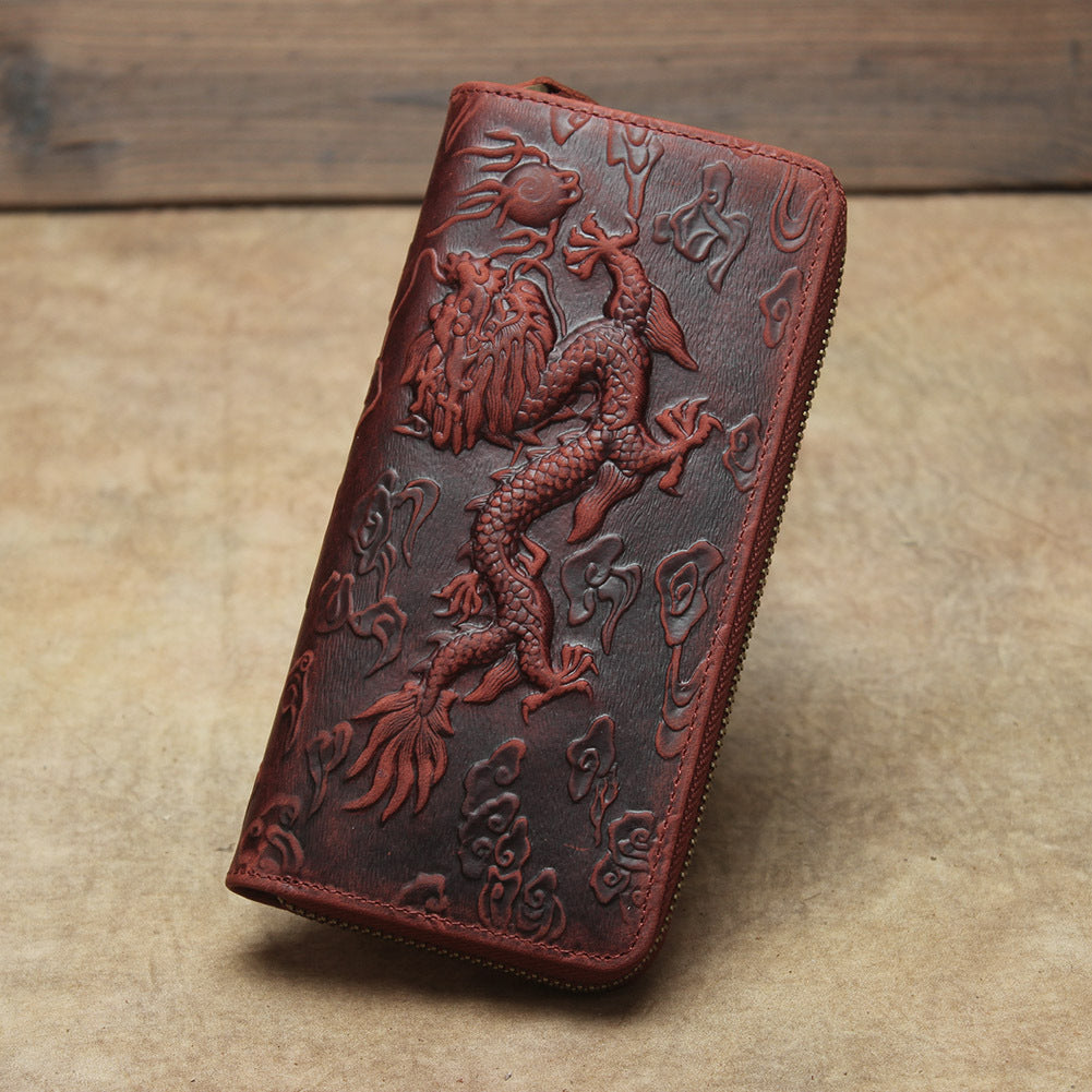 Retro Crazy Horse Leather Dragon Pattern Embossed Men's Wallets