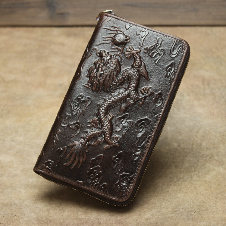 Men's Top Layer Cowhide Long Dragon Tiger Pattern Handmade Retro Ladies Wallets