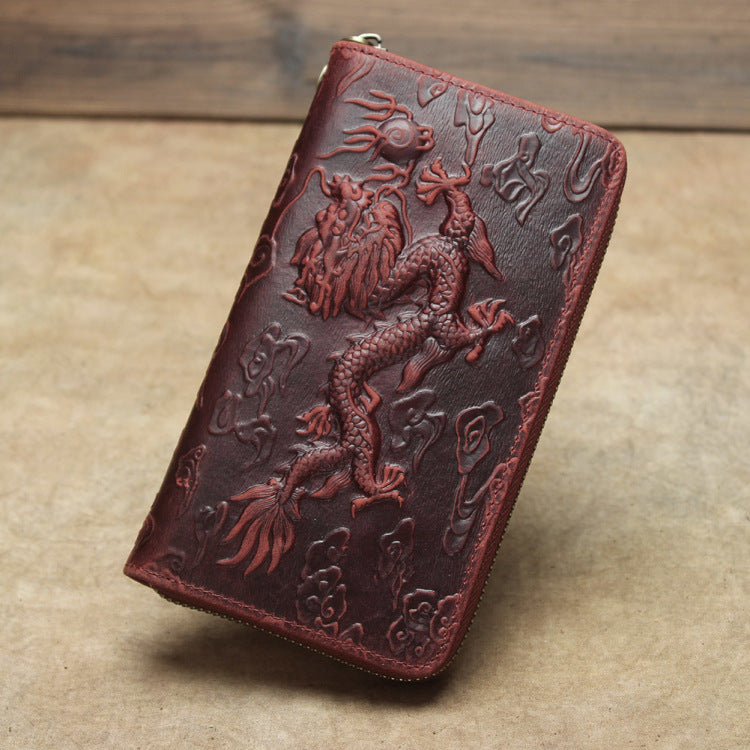 Men's Top Layer Cowhide Long Dragon Tiger Pattern Handmade Retro Ladies Wallets