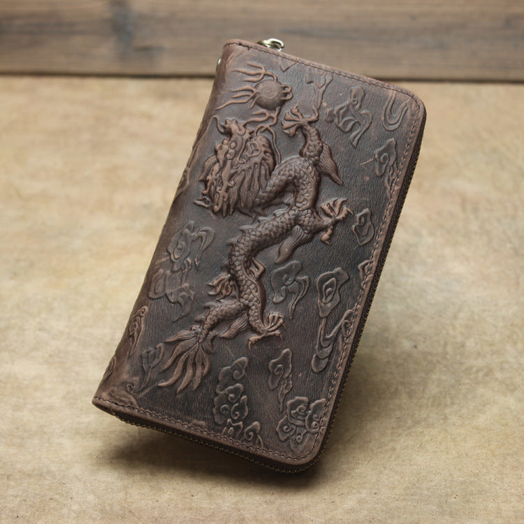 Men's Top Layer Cowhide Long Dragon Tiger Pattern Handmade Retro Ladies Wallets