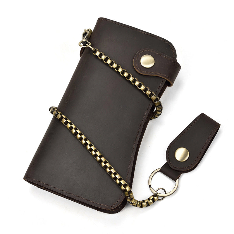 Men's Crazy Horse Long Iron Chain Clutch Purses