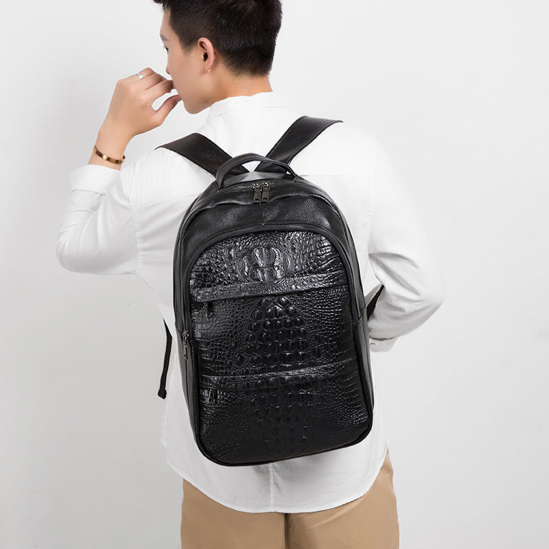 Men's Korean Fashion Genuine Leather Crocodile Pattern Backpacks