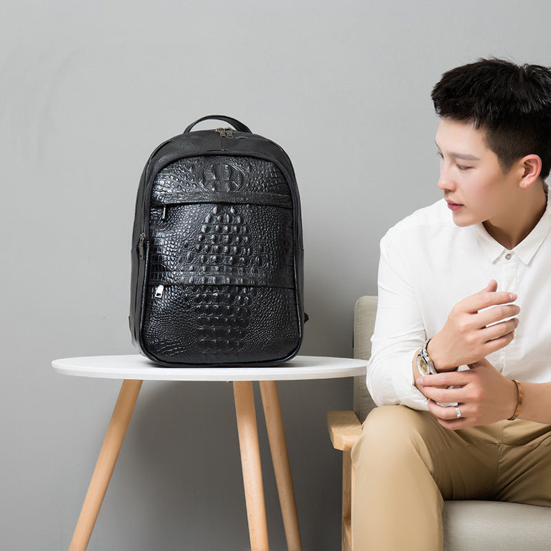 Men's Korean Fashion Genuine Leather Crocodile Pattern Backpacks
